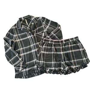 Soma Pajama PJ Set Medium Top /Large Shorts Black Plaid Flannel Button #7071